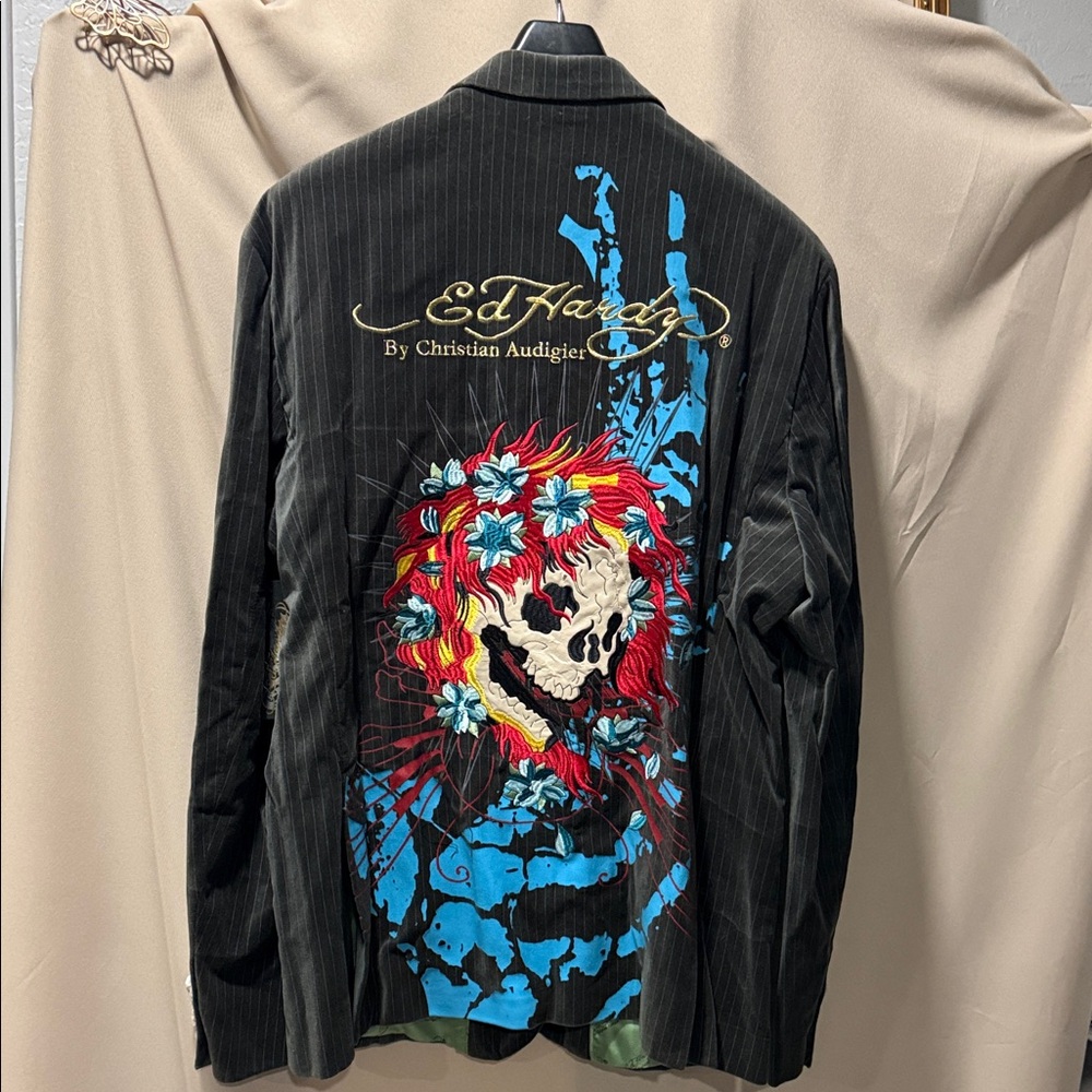 Christian Audigier Black Pinstripe Jacket with Red & Blue Skull Embroidery